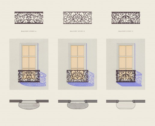 Wrought iron balcony design and shadow study: digital rendering<br /> <br /><small></small>