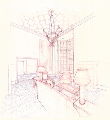 Living room interior perspective: hand-drafted red + blue pencil on trace <br /> <br /><small></small>