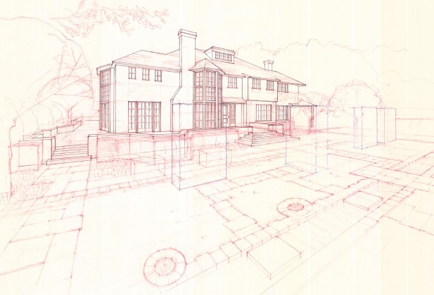 Residential façade study in Palo Alto: hand-drafted red + blue pencil on trace<br /> <br /><small></small>
